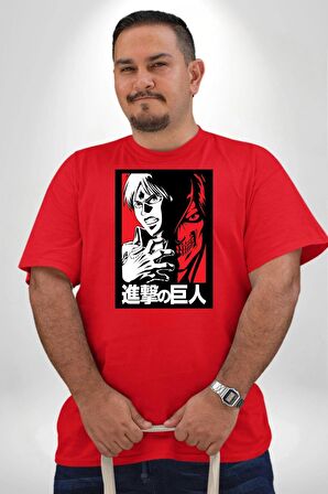 Anime Manga Style Attack On Titan Kırmızı Büyük Beden Erkek Kadın Unisex Basic Ön Baskılı Tişört