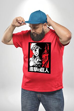 Anime Manga Style Attack On Titan Kırmızı Büyük Beden Erkek Kadın Unisex Basic Ön Baskılı Tişört