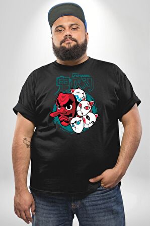 Japon Anime Tengu Maske  Siyah Büyük Beden Erkek Kadın Unisex Basic Ön Baskılı Tişört
