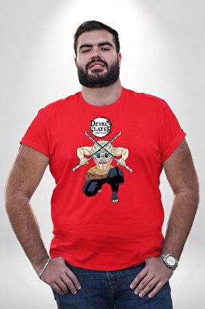Anime Inosuke Hashibira Demon Slayer Kırmızı Büyük Beden Erkek Kadın Unisex Basic Ön Baskılı Tişört