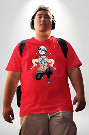 Anime Inosuke Hashibira Demon Slayer Kırmızı Büyük Beden Erkek Kadın Unisex Basic Ön Baskılı Tişört