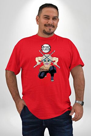 Anime Inosuke Hashibira Demon Slayer Kırmızı Büyük Beden Erkek Kadın Unisex Basic Ön Baskılı Tişört