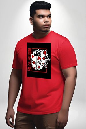 Anime İblis Avcısı Kimetsu No Yaiba Maske Kırmızı Büyük Beden Erkek Kadın Unisex Basic Ön Baskılı Tişört