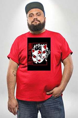 Anime İblis Avcısı Kimetsu No Yaiba Maske Kırmızı Büyük Beden Erkek Kadın Unisex Basic Ön Baskılı Tişört
