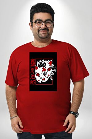 Anime İblis Avcısı Kimetsu No Yaiba Maske Kırmızı Büyük Beden Erkek Kadın Unisex Basic Ön Baskılı Tişört