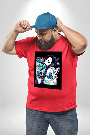 Shinobu Kocho Demon Slayer  Kırmızı Büyük Beden Erkek Kadın Unisex Basic Ön Baskılı Tişört