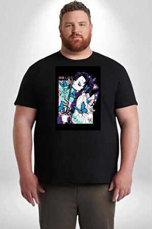 Shinobu Kocho Demon Slayer  Siyah Büyük Beden Erkek Kadın Unisex Basic Ön Baskılı Tişört
