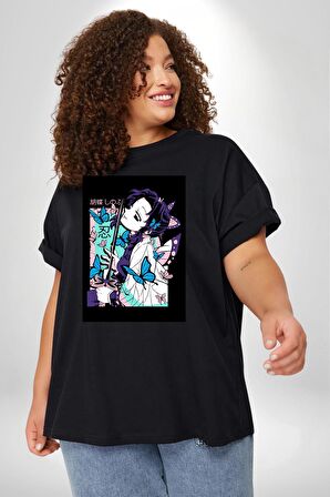 Shinobu Kocho Demon Slayer  Siyah Büyük Beden Erkek Kadın Unisex Basic Ön Baskılı Tişört