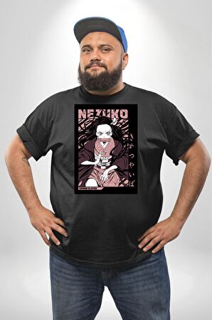 Nezuko Demon Slayer Siyah Büyük Beden Erkek Kadın Unisex Basic Ön Baskılı Tişört