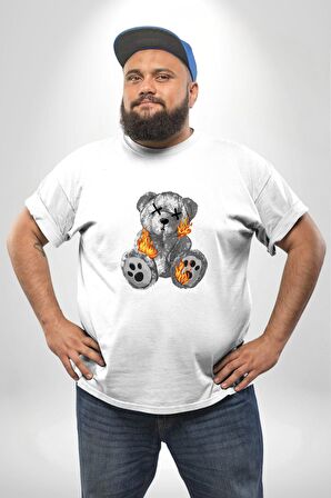 Ateşli Teddy Beyaz Büyük Beden Kadın Erkek Ünisex  Basic Ön Baskılı Tişört
