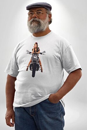 Motosiklet Kadın Erkek Ünisex  Beyaz Büyük Beden Kadın Erkek Ünisex  Basic Ön Baskılı Tişört