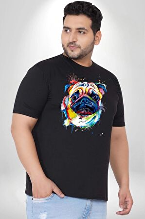 Sulu Boya Pug Köpek Siyah Büyük Beden Erkek Kadın Unisex Basic Ön Baskılı Tişört