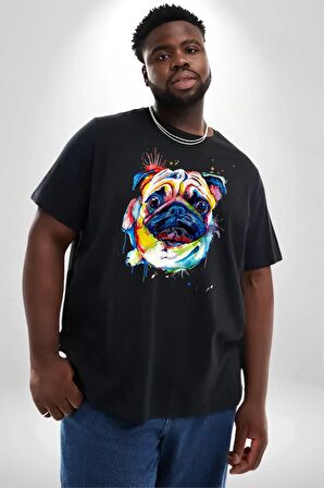 Sulu Boya Pug Köpek Siyah Büyük Beden Erkek Kadın Unisex Basic Ön Baskılı Tişört