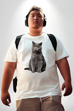 British Shorthair Kedi  Beyaz Büyük Beden Kadın Erkek Ünisex  Basic Ön Baskılı Tişört
