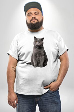 British Shorthair Kedi  Beyaz Büyük Beden Kadın Erkek Ünisex  Basic Ön Baskılı Tişört