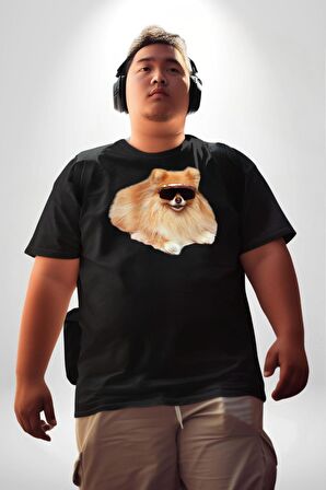 Pomernian Köpek Siyah Büyük Beden Erkek Kadın Unisex Basic Ön Baskılı Tişört