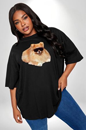 Pomernian Köpek Siyah Büyük Beden Erkek Kadın Unisex Basic Ön Baskılı Tişört