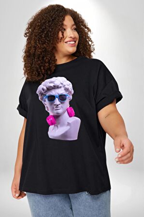 Kulaklık Gözlük Pop Art Heykel Siyah Büyük Beden Erkek Kadın Unisex Basic Ön Baskılı Tişört