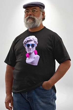 Kulaklık Gözlük Pop Art Heykel Siyah Büyük Beden Erkek Kadın Unisex Basic Ön Baskılı Tişört