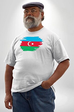Azerbeycan Bayrağı Beyaz Büyük Beden Kadın Erkek Ünisex  Basic Ön Baskılı Tişört