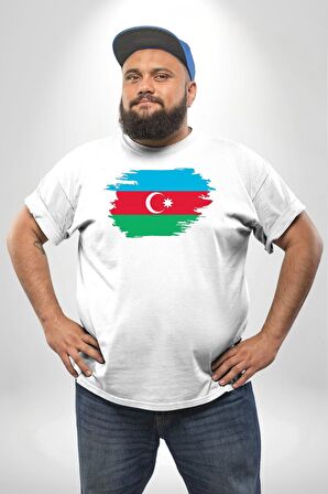 Azerbeycan Bayrağı Beyaz Büyük Beden Kadın Erkek Ünisex  Basic Ön Baskılı Tişört