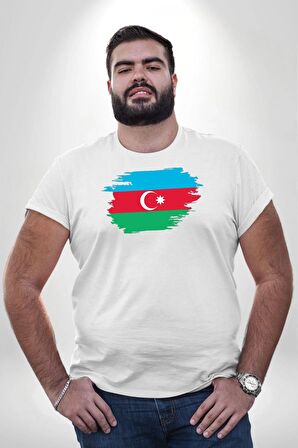 Azerbeycan Bayrağı Beyaz Büyük Beden Kadın Erkek Ünisex  Basic Ön Baskılı Tişört