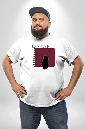 Katar Bayrağı Beyaz Büyük Beden Kadın Erkek Ünisex  Basic Ön Baskılı Tişört