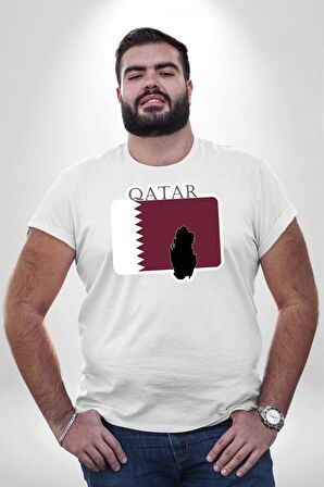 Katar Bayrağı Beyaz Büyük Beden Kadın Erkek Ünisex  Basic Ön Baskılı Tişört