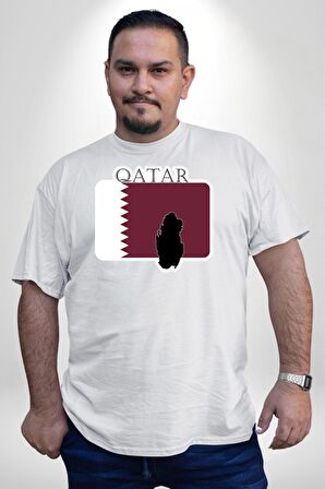Katar Bayrağı Beyaz Büyük Beden Kadın Erkek Ünisex  Basic Ön Baskılı Tişört