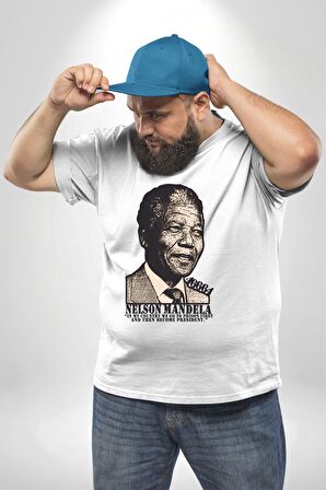 Nelson Mandela Beyaz Büyük Beden Kadın Erkek Ünisex  Basic Ön Baskılı Tişört