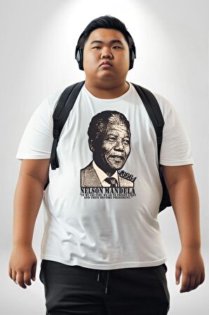Nelson Mandela Beyaz Büyük Beden Kadın Erkek Ünisex  Basic Ön Baskılı Tişört