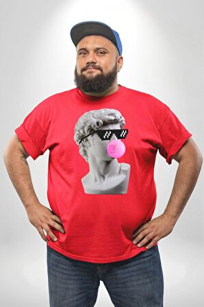 Gözlüklü David'in Kafasının Alçı Heykeli Kırmızı Büyük Beden Erkek Kadın Unisex Basic Ön Baskılı Tişört