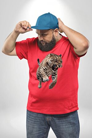 Jaguar Sırtından Çıkan Kırmızı Büyük Beden Erkek Kadın Unisex Basic Ön Baskılı Tişört