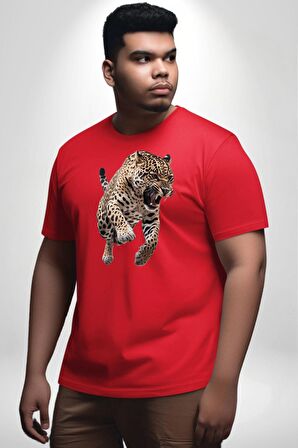 Jaguar Sırtından Çıkan Kırmızı Büyük Beden Erkek Kadın Unisex Basic Ön Baskılı Tişört