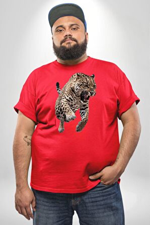 Jaguar Sırtından Çıkan Kırmızı Büyük Beden Erkek Kadın Unisex Basic Ön Baskılı Tişört
