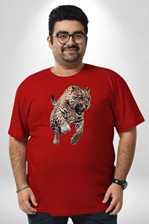 Jaguar Sırtından Çıkan Kırmızı Büyük Beden Erkek Kadın Unisex Basic Ön Baskılı Tişört