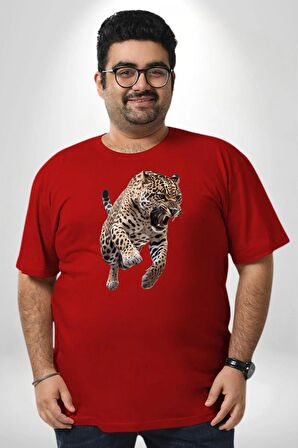 Jaguar Sırtından Çıkan Kırmızı Büyük Beden Erkek Kadın Unisex Basic Ön Baskılı Tişört