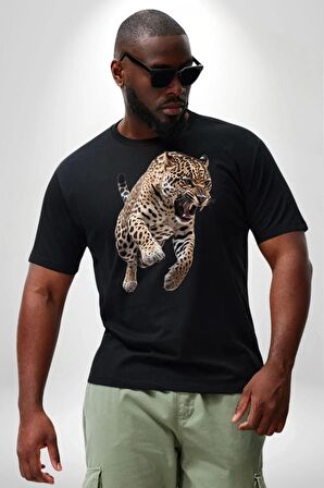 Jaguar Sırtından Çıkan Siyah Büyük Beden Erkek Kadın Unisex Basic Ön Baskılı Tişört
