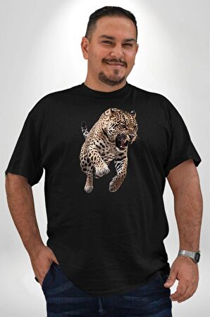 Jaguar Sırtından Çıkan Siyah Büyük Beden Erkek Kadın Unisex Basic Ön Baskılı Tişört