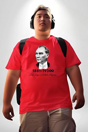 Atatürk 10 Kasım Anma Kırmızı Büyük Beden Erkek Kadın Unisex Basic Ön Baskılı Tişört