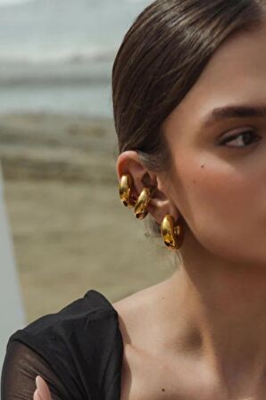 Büyük Bombeli Earcuff Büyük Halka Geçirmeli Kıkırdak Küpesi Gold Renk