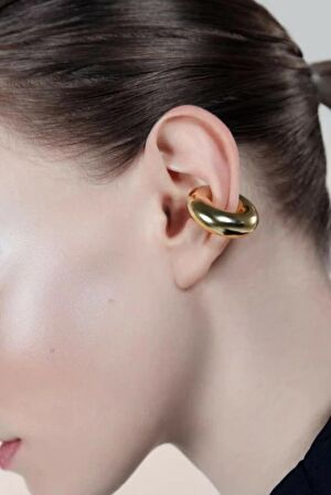 Büyük Bombeli Earcuff Büyük Halka Geçirmeli Kıkırdak Küpesi Gold Renk
