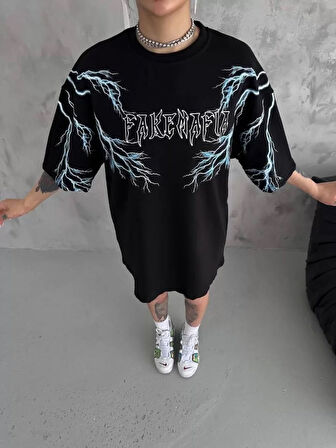 Livizmir Moda Unisex Bisiklet Yaka Baskılı Oversize T-Shirt - Siyah