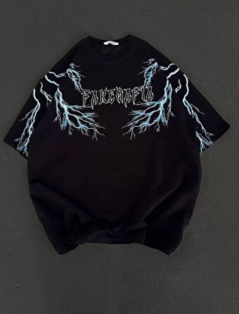 Livizmir Moda Unisex Bisiklet Yaka Baskılı Oversize T-Shirt - Siyah