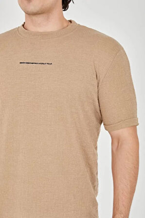 Livizmir Moda Unisex Jakar Kumaş Slim Fit T-Shirt - Kahverengi
