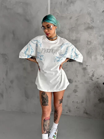 Livizmir Moda Unisex Bisiklet Yaka Baskılı Oversize T-Shirt - Beyaz