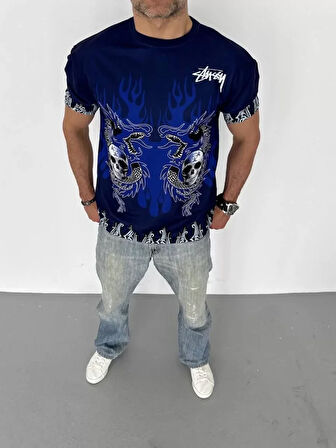 Livizmir Moda Unisex Bisiklet Yaka Baskılı Oversize T-Shirt - Lacivert