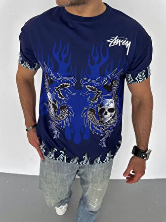 Livizmir Moda Unisex Bisiklet Yaka Baskılı Oversize T-Shirt - Lacivert