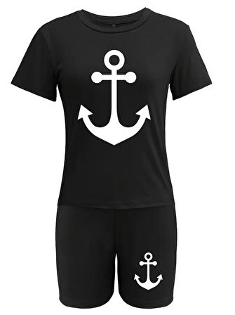 Livizmir Moda Kadın Kısa Kollu çapa Baskılı Viskon Ikili Takım