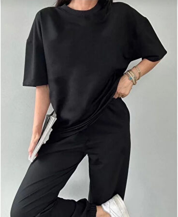 Livizmir Moda Unisex Düz T-Shirt Ve Eşofman Takımı - Siyah